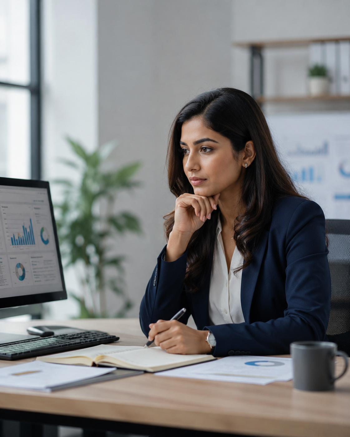 Business analytics professional reviewing dashboards in an office
