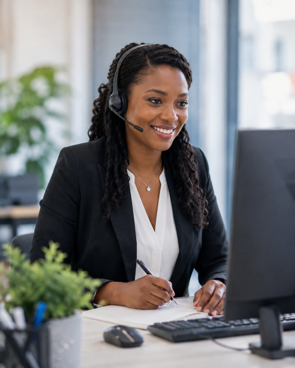 Customer service professional on a headset in a modern office