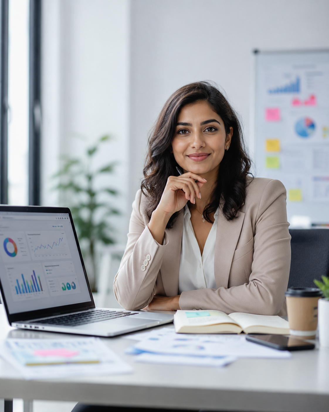 Digital marketing professional in a modern office with analytics and campaign materials