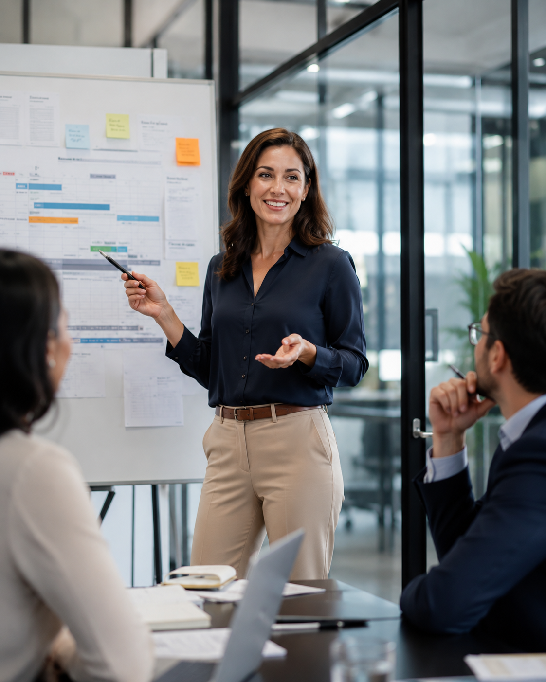 Project management professional presenting to colleagues in a modern office