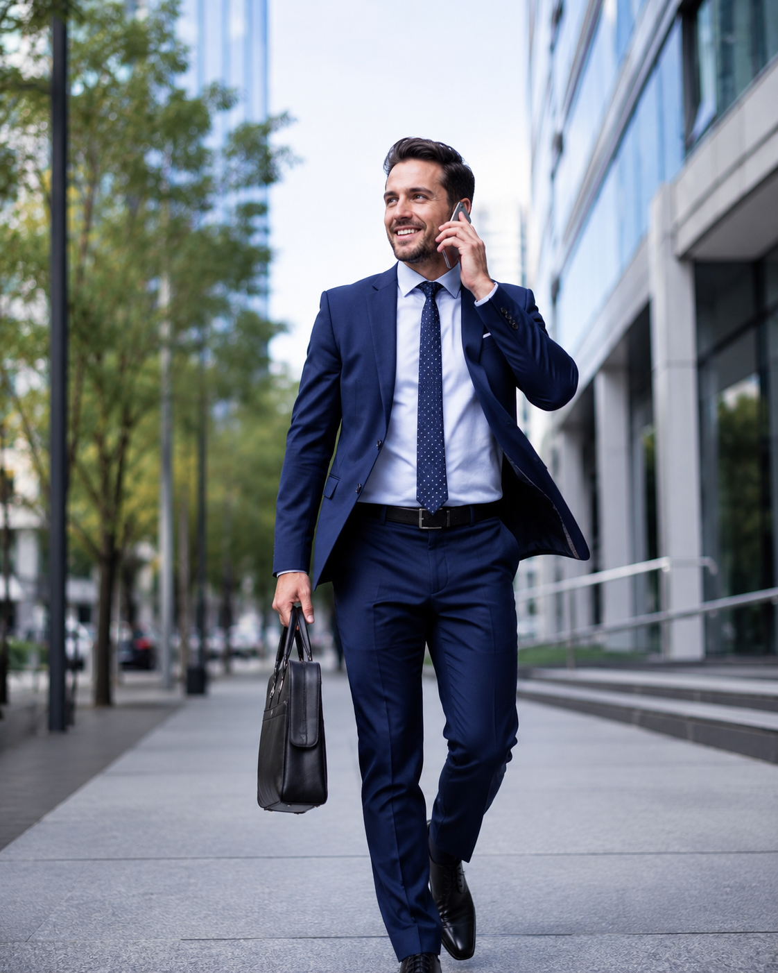 Sales professional walking outside an office on a phone call