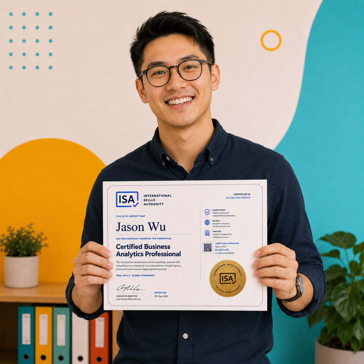 Professional holding an ISA Certified Business Analytics certificate