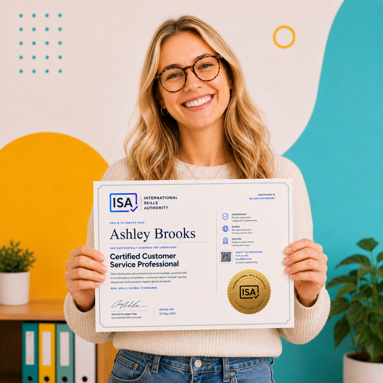 Professional holding an ISA Certified Customer Service certificate