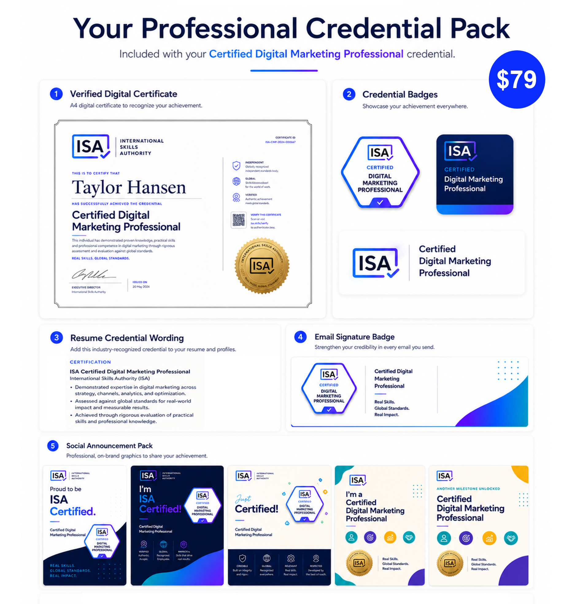 Example preview from the Digital Marketing career pack including certificate, badge and social assets
