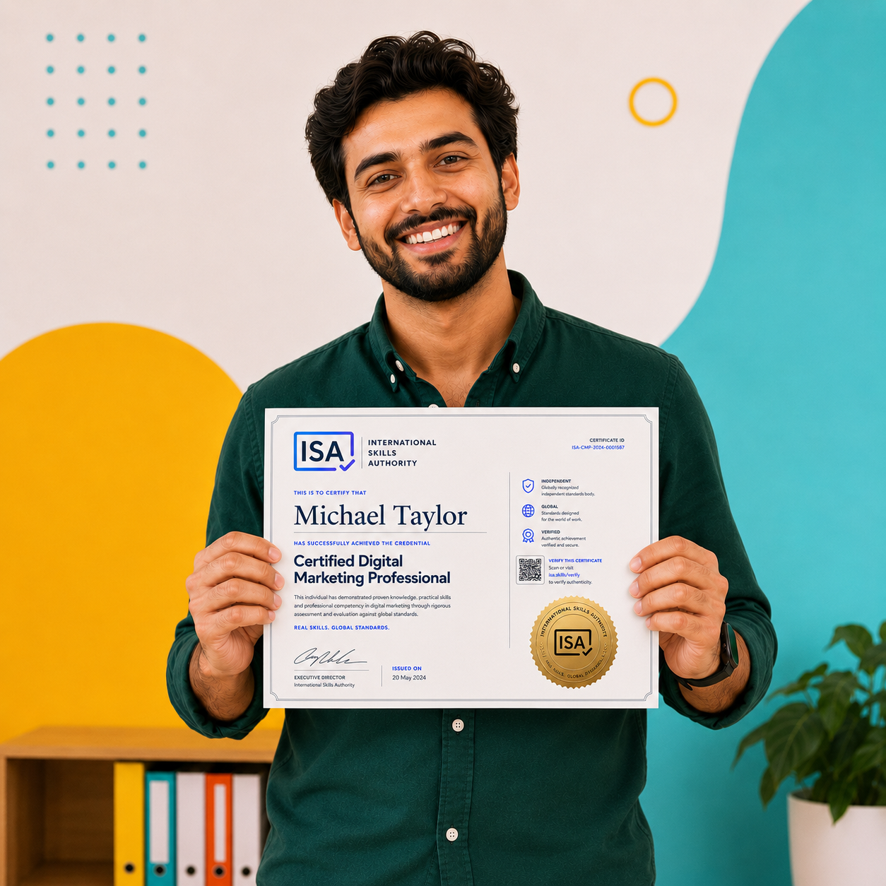 Professional holding an ISA Certified Digital Marketing certificate